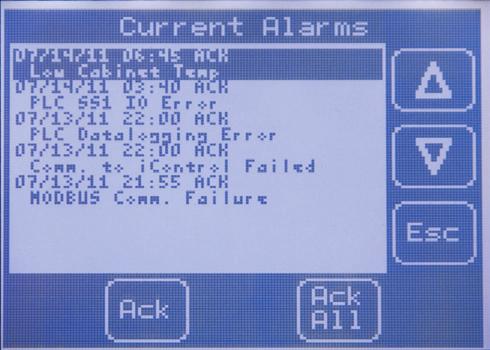 CHAPTER 7: Alarms 35 ALARMS All alarms are logged in the Alarm History log screen. All alarms that are active or unacknowledged reside also in the Current Alarms log screen.