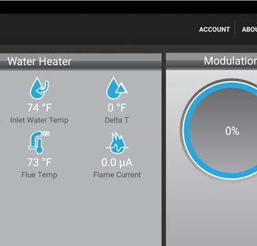 Figure 11-1 Home Screen The Water Heater Section is located in the middle of the screen and displays sensor data for those sensors installed in the factory as follows: HW Tank Temperature, Inlet