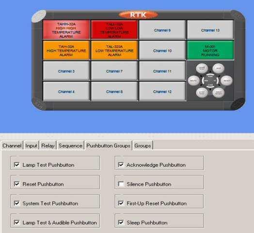 Pushbutton Groups Global Pushbutton Groups Pushbutton functions are available on 725B annunciators which can be used to Test or control the alarms in accordance with ISA S18.1 Alarm Sequences.