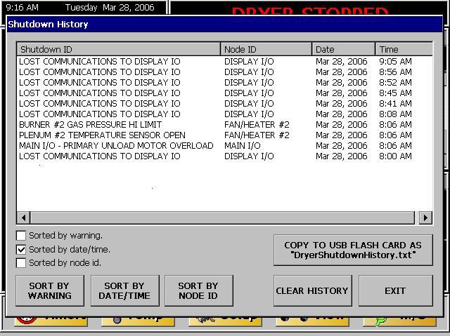 SHUTDOWN HISTORY SCREEN TOUCH THE VIEW BUTTON ON MAIN TOUCH SCREEN SELECT SHUTDOWN HISTORY BUTTON SORT BY WARNING, DATE & TIME OR