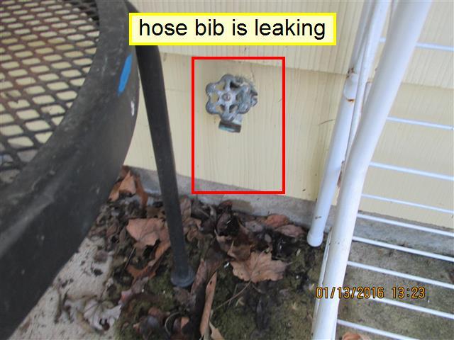 Hose bib is leaking at exterior of house. Have this further evaluated and repaired by a licensed plumber. 5.1 Item 1(Picture) 5.