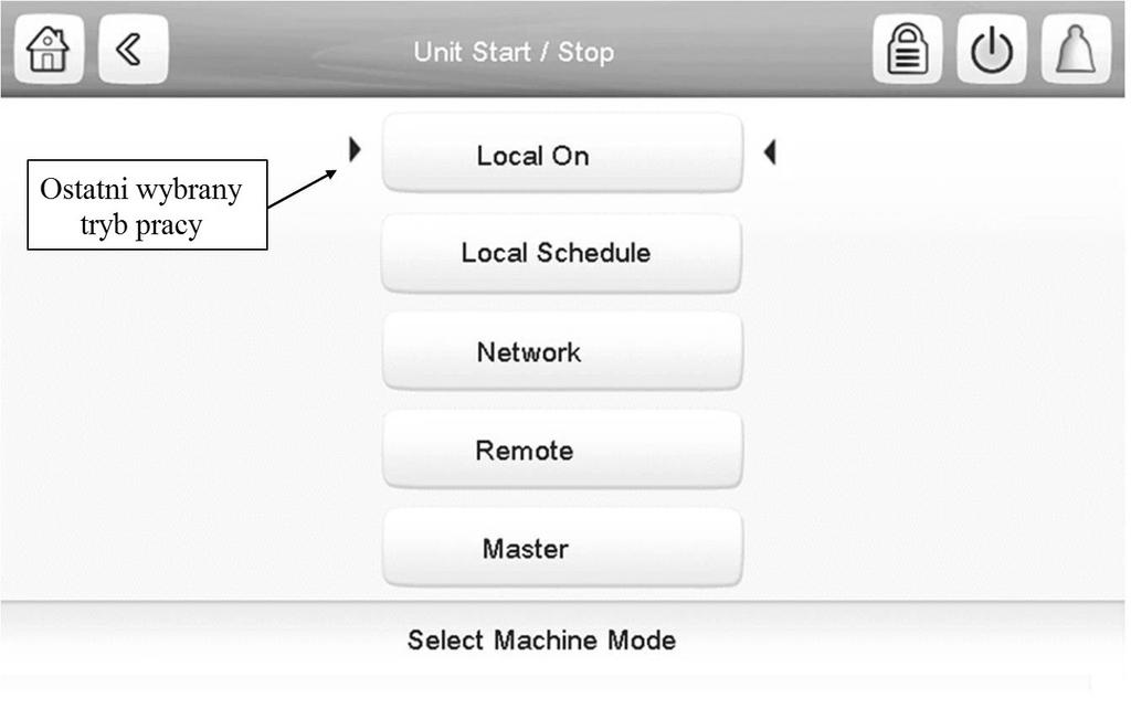 4.3 - Start/Stop screen The Start/Stop screen allows users to select the operating mode of the unit. 4.3.1 - Unit start-up With the unit in the Local off mode, press the Start/Stop button the required mode.