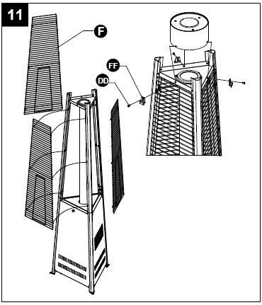 ASSEMBLY INSTRUCTIONS 11. Assemble the protective guard and mesh. Insert the hooks of protective guard (F) to the holes of upper supports (E). Put the mesh (B) on the top plate (D).