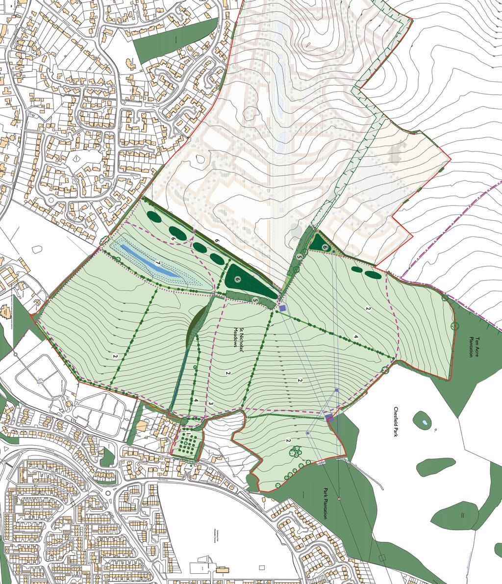 Land North of ST NICHOLAS MEADOWS Landscape plan Site application boundary Existing arable field to be managed as hay meadow Proposed indicative tree planting Proposed SuDs ponds/ attenuation basins