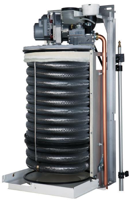Heat exchange takes place in the spiral corrugated pipe exchanger, which features low pressure drop.
