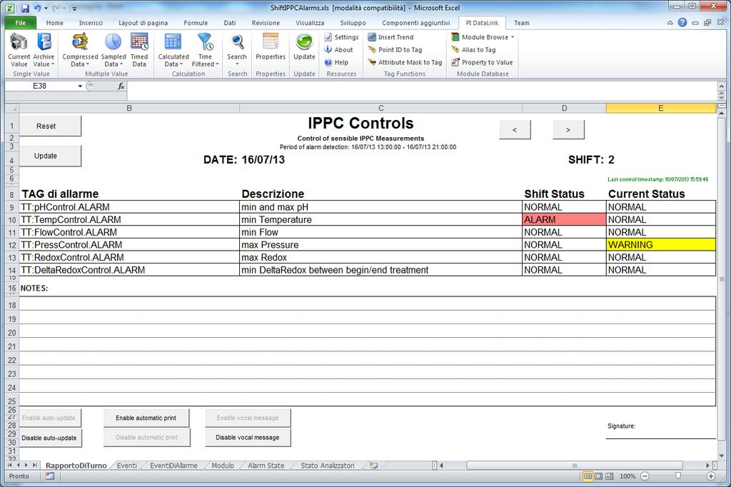 PI DataLink Main MS Excel Book for Notification and Reporting.
