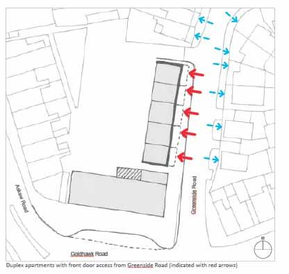 1 2 5 Improved public realm Residential cycle parking Loading pad Residential vehicular access Additional parking spaces Street Frontage Animation The current block is set back from the