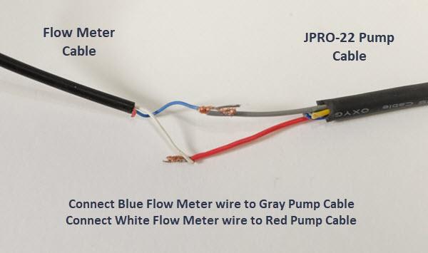Connect the Cables (wiring) for the J-PRO-22 Pump 1. Flow Meter Cable WHITE wire Connects to Pump Cable RED wire (trim back, disregard other color wires) 2.