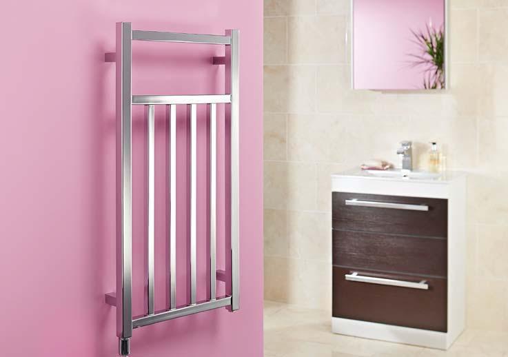 THE DESIGNER RANGE Flat rail Features Space-saving, only 400mm wide Low wattage for low running costs Easy to use, designed for drying multiple towels quickly High quality chrome finish Compatible