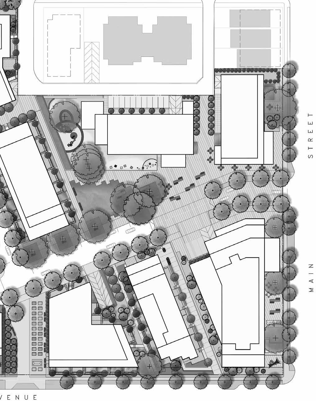 3.3 Parks and Open Spaces Plan Figure 3-8: Community Green and Plaza Figure 3-11: Community Plaza 3.3.1 Community Plaza The Community Plaza is the social heart of the site and is organized around a number of significant retained trees.