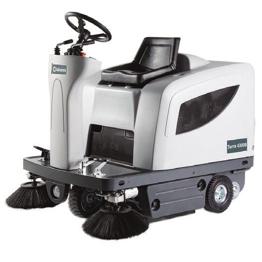clean path behind side brooms Variable handle height Handle folds down Terra 132B Walk-Behind Sweepers 32 inch sweep path Battery operated Standard onboard battery charger Tools-free