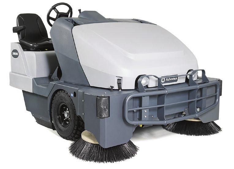 On conventional rider sweepers, dust is controlled at the main broom only. The side brooms, the biggest source of dust, must be raised in open areas when fugitive dust is a concern.