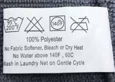 Laundry Care Symbols Washer Temperature Bleach Do Not Bleach Tumble Dryer Temperature Tumble Dry on Low Heat Do Not Iron Figure 9 Images of actual hang-tags of laundry care instructions for