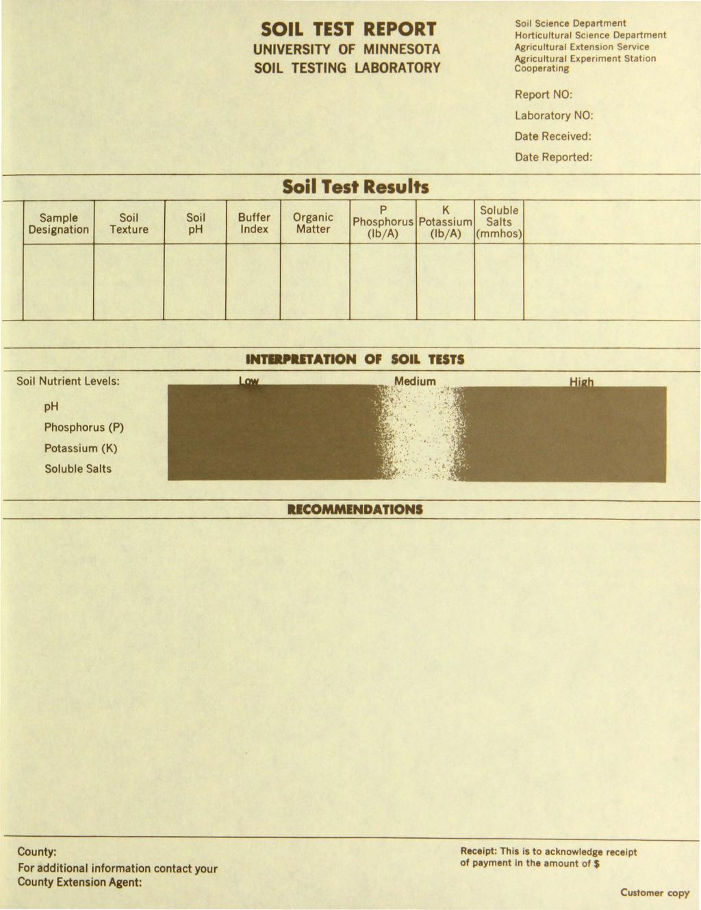 SOIL TEST REPORT UNIVERSITY OF MINNESOTA SOIL TESTING LABORATORY Soil Science Department Horticultural Science Department Agricultural Extension Service Agricultural Experiment Station Cooperating