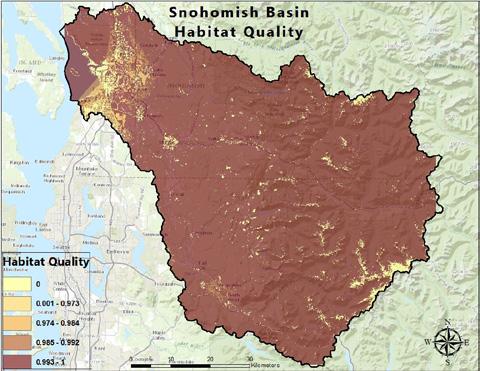 Ecosystem Services Intensity in Protected Open Space Lands in the Snohomish River Watershed (WRIA 7) Source: Giurgiulescu, Mihai and Graywolf Nattinger, Spatial Ecosystem Services Intensity Ecosystem
