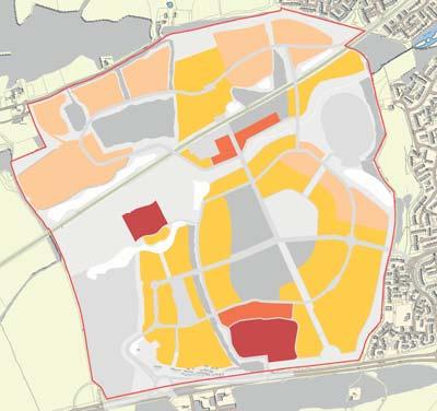 The residential areas surrounding the reconfigured neighbourhood centre and the new neighbourhood park have reduced densities on these parts of the site