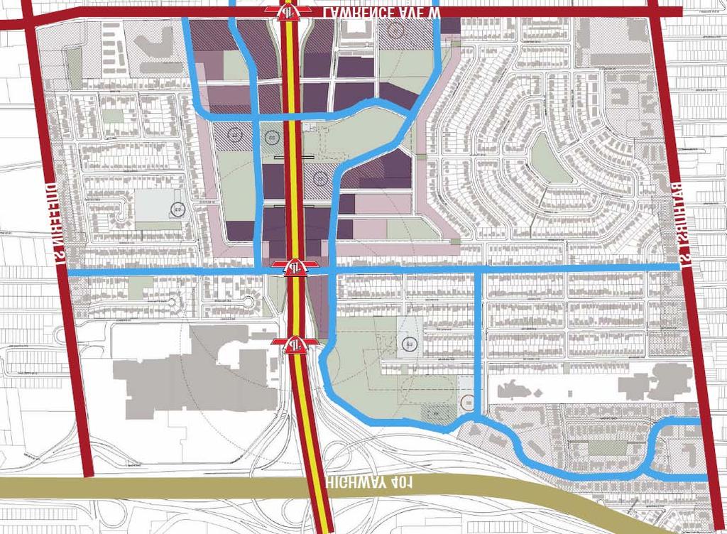 9.4 Option B Figure 19: Option B Proposed Street, Pedestrian, and Bicycle Plans Allen Road remains unchanged. Varna Drive is realigned with Englemount at Lawrence Avenue West.