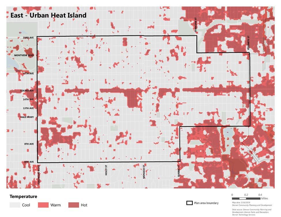 East Area Environmentally Resilient Existing Conditions 7% of the East Area has a heat island designation of hot