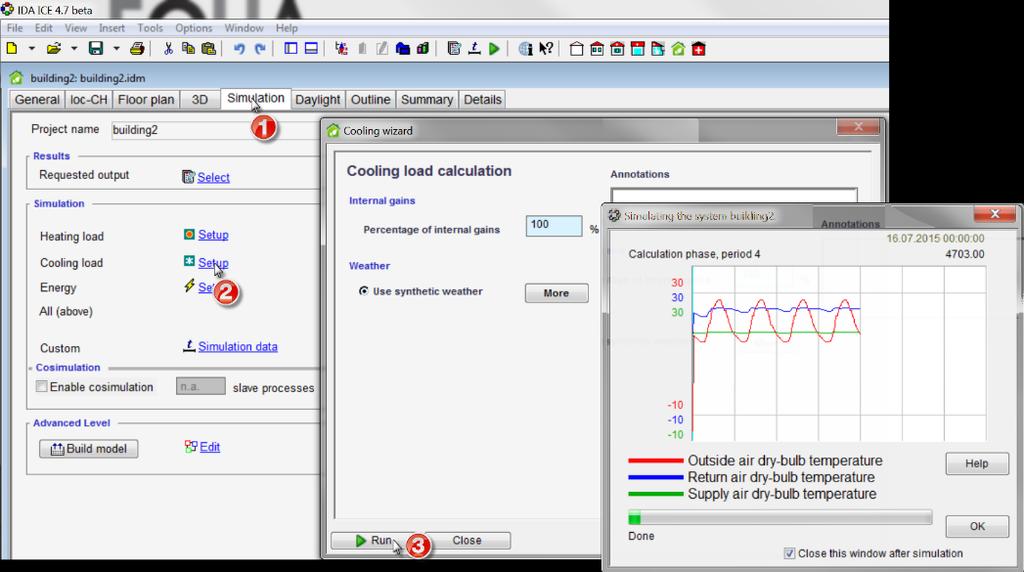 b. Go to the Simulation tab and open the Setup for Cooling load ca