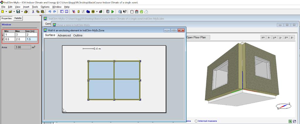 d. Double-click the window (either in the 3D view of the zone form or the 2D view of the surface form) to open the window form. Here you can gi