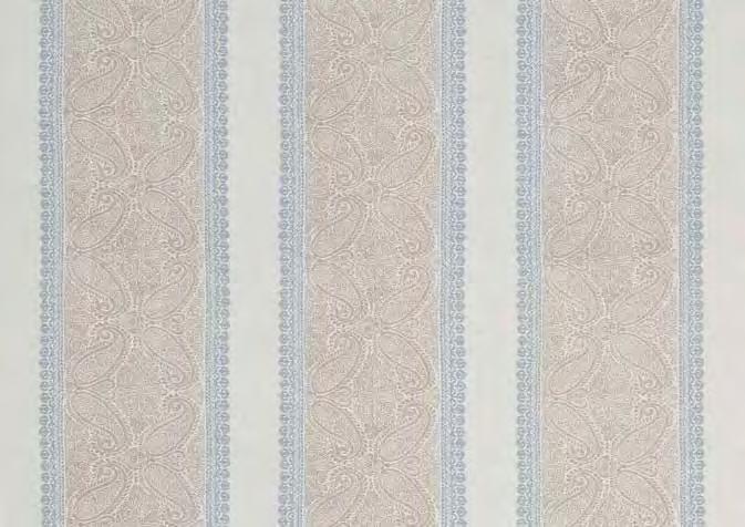 F4611-03 Beige Chalky pastel colours create an understated mood in this printed paisley stripe. The wood block impression lends charm to this lightweight fabric.