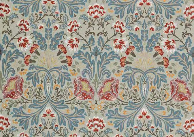 symmetry on this distinctive embroidery. The layout has a denser feel and combined with the bold colour is reminiscent of 19th century jacquards and their richly decorative character.