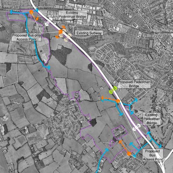 Access and connections The principle connections for the development will be made by high quality public transport routes, for which four access points have been identified.
