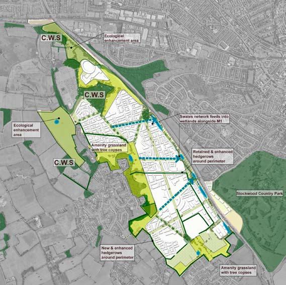 Biodiversity and SUDs Ecological enhancement and a network of swales creating new wetland habitats The green infrastructure within and surrounding the development will include designs to encourage