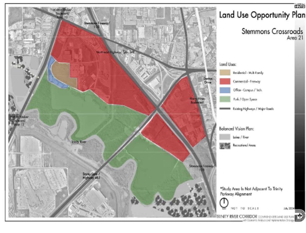 Trinity River Comprehensive Land Use Plan Study Area 21: Stemmons Crossroads 590 acres, approx half in floodplain Bounded by Trinity River to the south and east; I-35 is northern boundary Continue