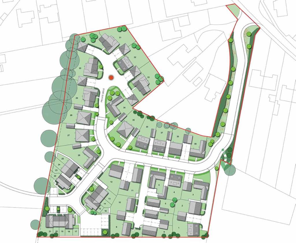 About our scheme Rear gardens will be laid to lawn and will feature a variety of fruiting ornamental and native trees to give interest to each private space.