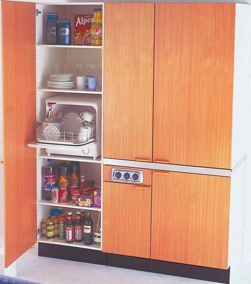 construction Choice of laminate doors Stainless steel sink top 2 electric hotplates with safety timer 120 litre integrated refrigerator with ice-box Top unit with shelving 800 watt compact