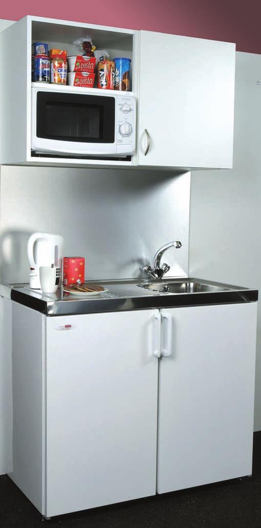 eye level micro kitchens kitchenette ELK11 & ELK17 All units supplied assembled Steel constructed Mini-Kitchen base Wall units in white melamine finish Stainless steel sink top left or right hand