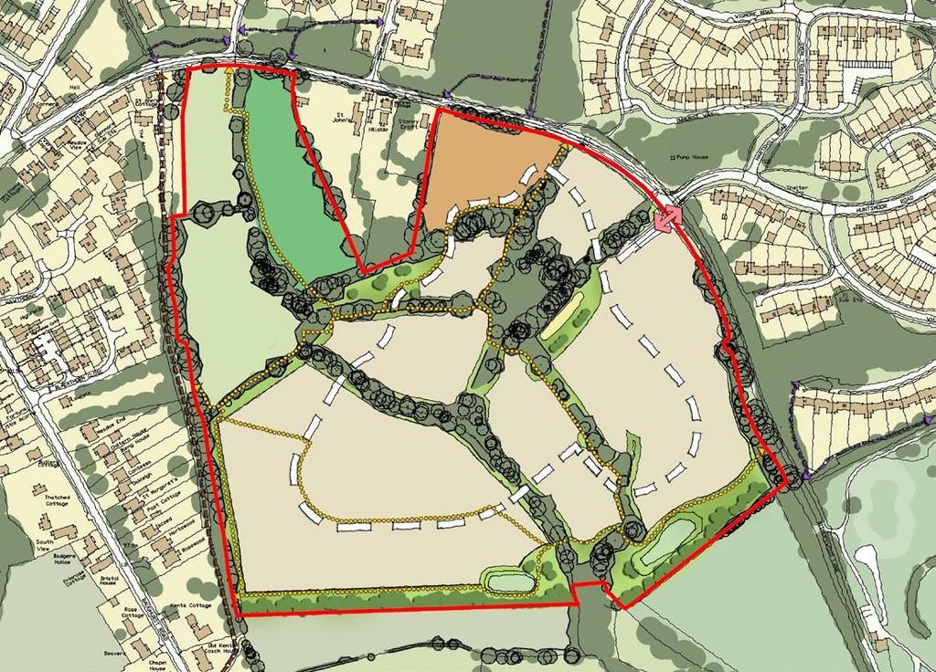 0 ILLUSTRATIVE FRAMEWORK HEATH END ROAD BISHOPSWOOD LANE HUNTSMOOR ROAD BAUGHURST ROAD PROPOSED FOOTPATH CONNECTS TO EXISTING PUBLIC RIGHT OF WAY ALL DITCHES/STREAMS RETAINED WITH M BUFFER