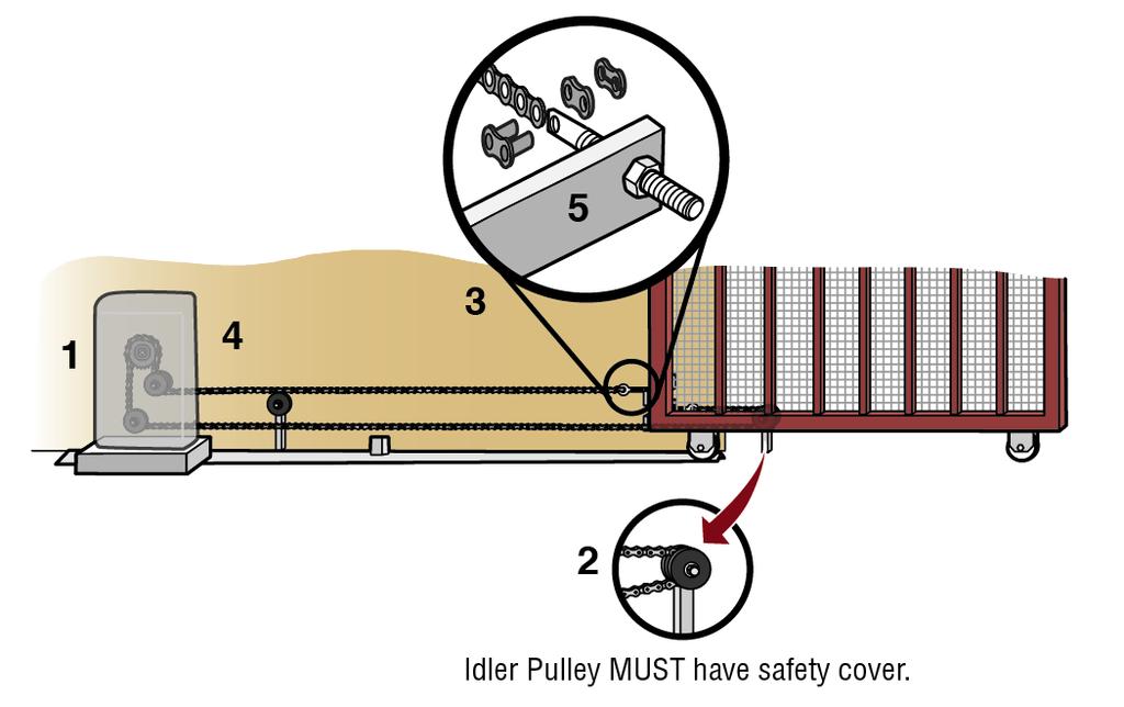 Manually close the gate and line up the rear bracket so the chain will be level with the idler pulley and parallel to the ground. Weld the rear bracket in this position. 3.