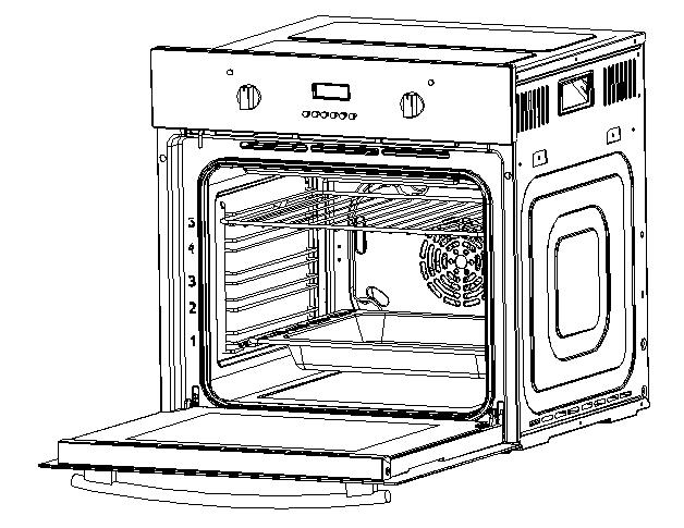 DESCRIPTION OF THE APPLIANCE Oven Overview 7 8 9 1 2 3 4 6 5 1. Control panel 6. Fan motor 2. Wire shelf 7. Lamp 3. Tray 8. Grill heating element 4. Door 9. Shelf positions 5.