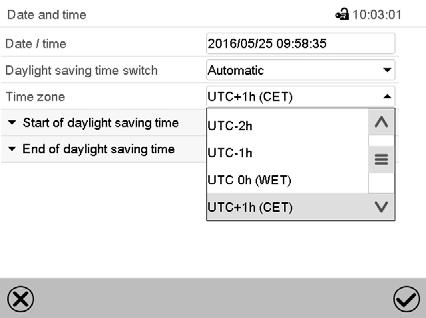 Date and time submenu. In the field Daylight saving time switch select the desired setting Automatic or Inactive. Date and time submenu. Select the desired time zone and press the Confirm icon.