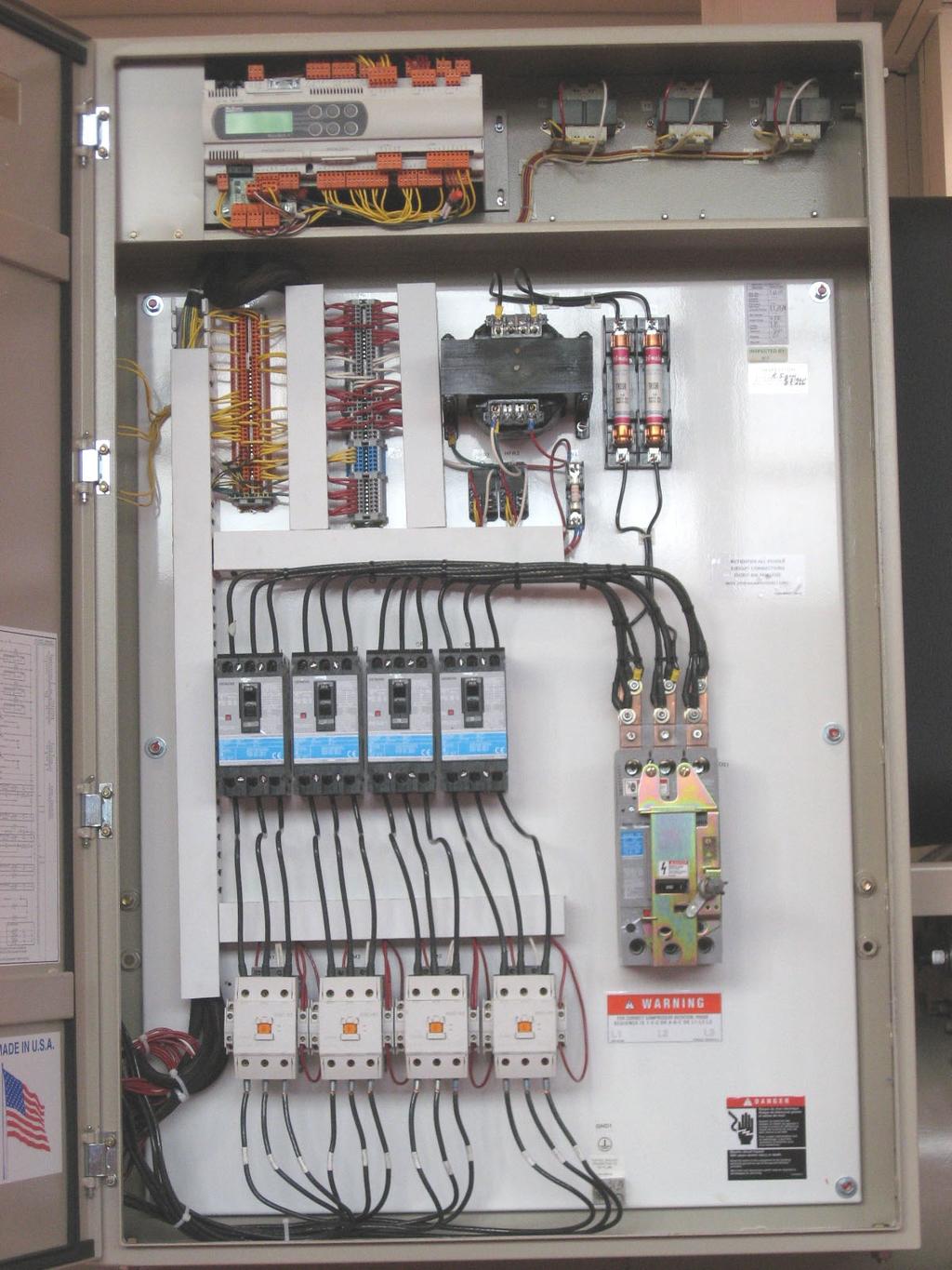 Control Panel Layout Table 2, Typical Control Panel, 4-Compressor Unit Microtech Controller (2) Circuit Mechanical Hi-Pressure Switch Relays (4) Compressor Circuit Breakers (3) 120V/24V Transformers