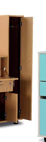 Electronic Lock Lower storage offered through Cupboard with double doors (adjustable shelf - model dependant) Drawer (recessed shelf - model dependant) Available in two colour schemes Two Tone - Body