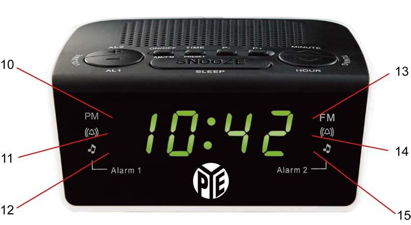 FEATURES LOCATION OF CONTROLS 1. ALARM 1 / VOLUME - 2. ALARM 2 / VOLUME + 3. ON/OFF /BAND SELECT 4. TIME SET / MEMORY SET 5. MEMORY - 6. MEMORY + 7. MINUTE / TUNING+ 8.
