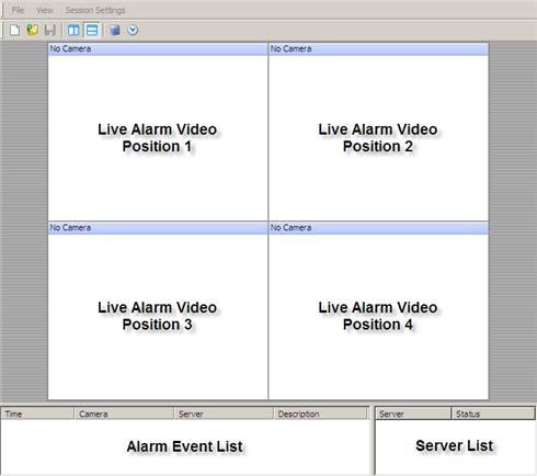 Operation Main Screen The primary operational window of the CompleteView Alarm Client is composed of three key sections: the Live Alarm Video quadrant, Alarm Event list and Server list.