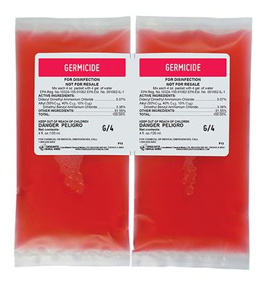 GERMICIDE G/1 DISINFECTANTS & SANITIZERS GERMICIDE G/2 GERMICIDE G/4 GERMICIDE QT SANITIZER S/5 packet with 1 gallon of water for mop, sponge, 528-1 fl. oz. packs/ Total 528 fl.oz. (4.12 gal.
