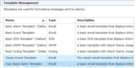 The out of the box templates cannot be edited, but can be copied. Highlight the Basic Alarm Template and select Copy.