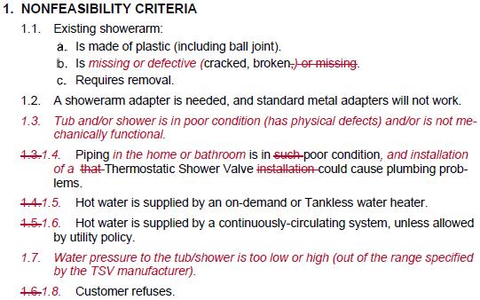 27: Thermostatic Shower Valves 27 A Modified/added nonfeasibility criteria: