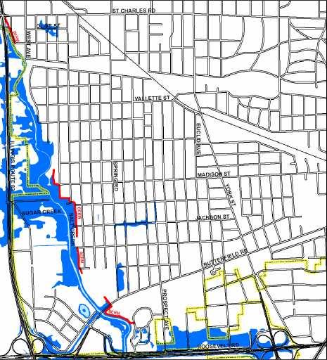 Flood Insurance Rate Map Although the levee protects southwest Elmhurst from Salt Creek overbank flooding, several low-lying lying areas were determined to be at flood risk and were mapped as