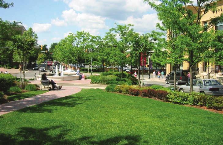 People s enjoyment of this suburban town center is greatly enhanced by the common area landscaping, including a series of green parks and small plazas with fountains, seating, and a variety of
