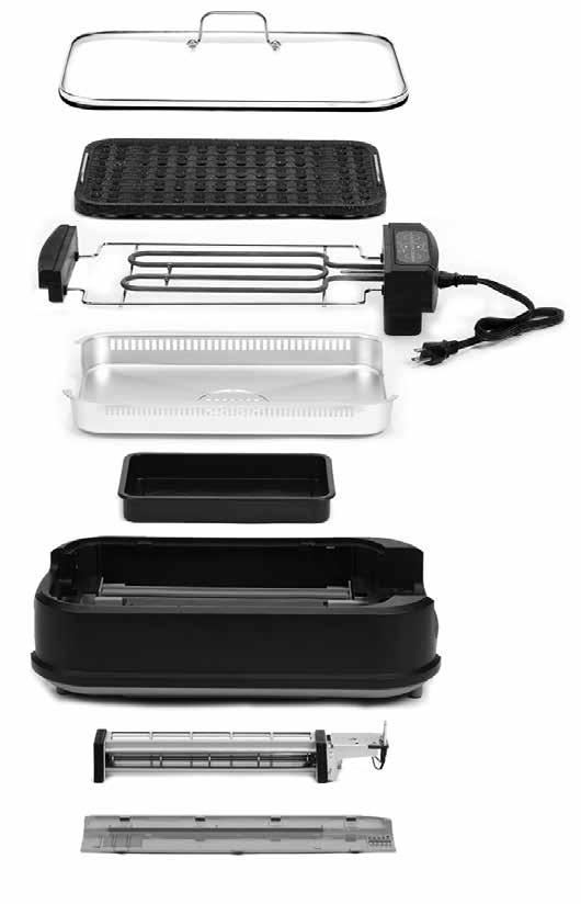 Parts & Accessories 1 GLASS LID 2 3 4 5 NONSTICK GRILL PLATE & OPTIONAL GRIDDLE PLATE * HEATING ELEMENT WITH DETACHABLE POWER CORD DRIP TRAY COLLECTION PAN/ WATER TRAY 6 BASE UNIT 7 8 ELECTRIC FAN