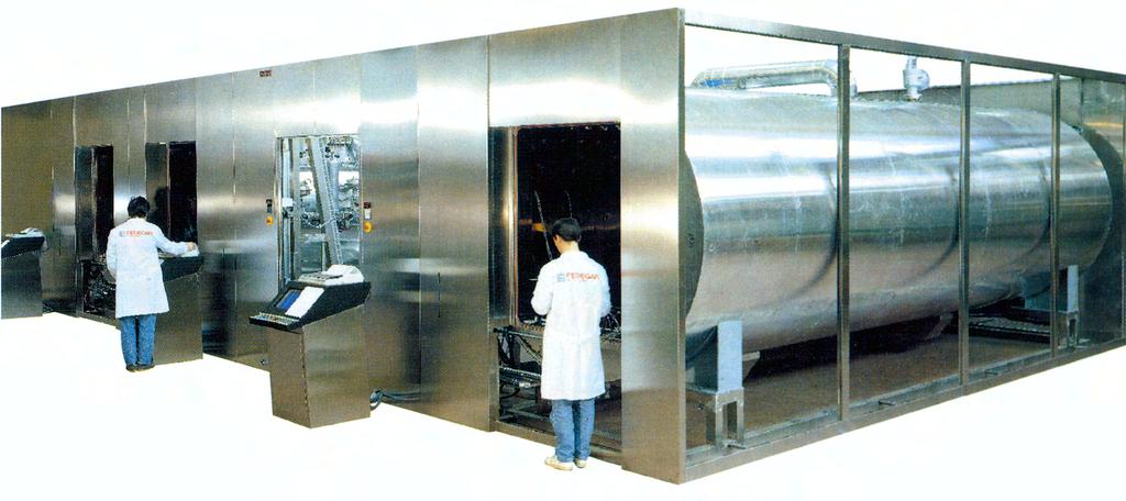 Testing of a cluster of three counterpressure sterilizers, with individual capacity of 20 m 3 each.