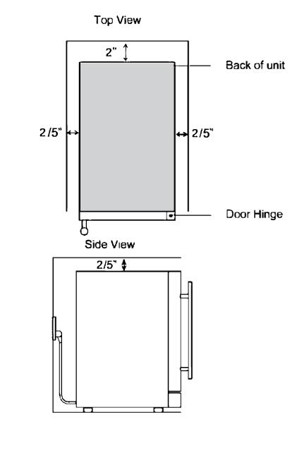 Installation Clearance Requirements When installing the wine refrigerator under a counter, follow the recommended spacing dimensions shown.