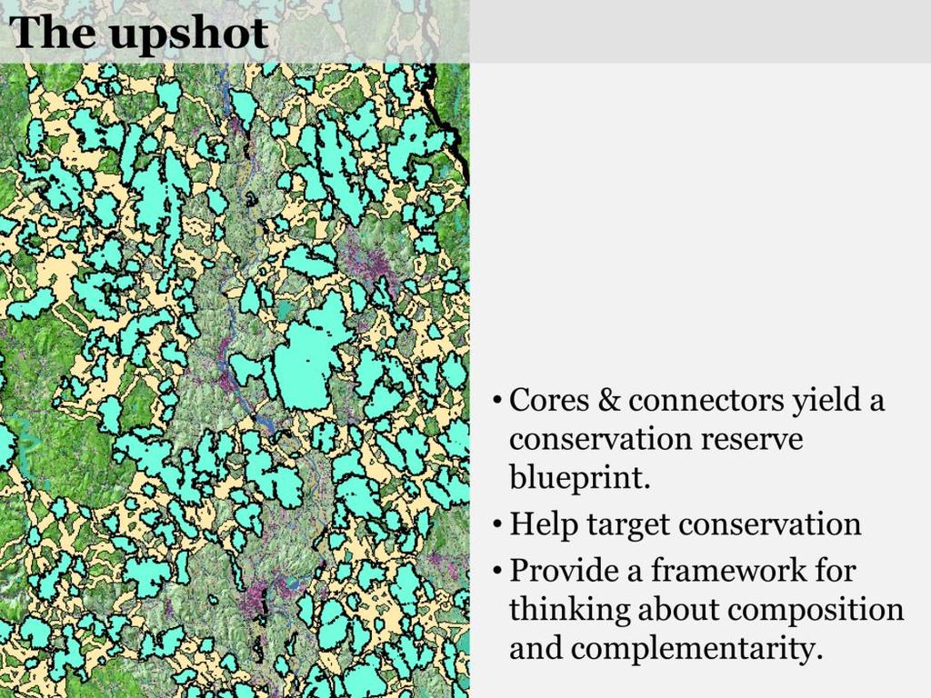 The cores and connectors give us a blueprint that can help target conservation. It s unlikely that we ll see this reserve network enacted as it s depicted here.
