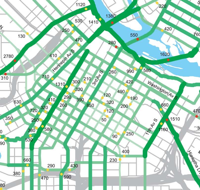 Kraus-Anderson Block Redevelopment Travel Demand Management Plan 2/22/2016 Figure 2-3 illustrates the estimated daily bicycle traffic along the streets in downtown Minneapolis, as reported by the
